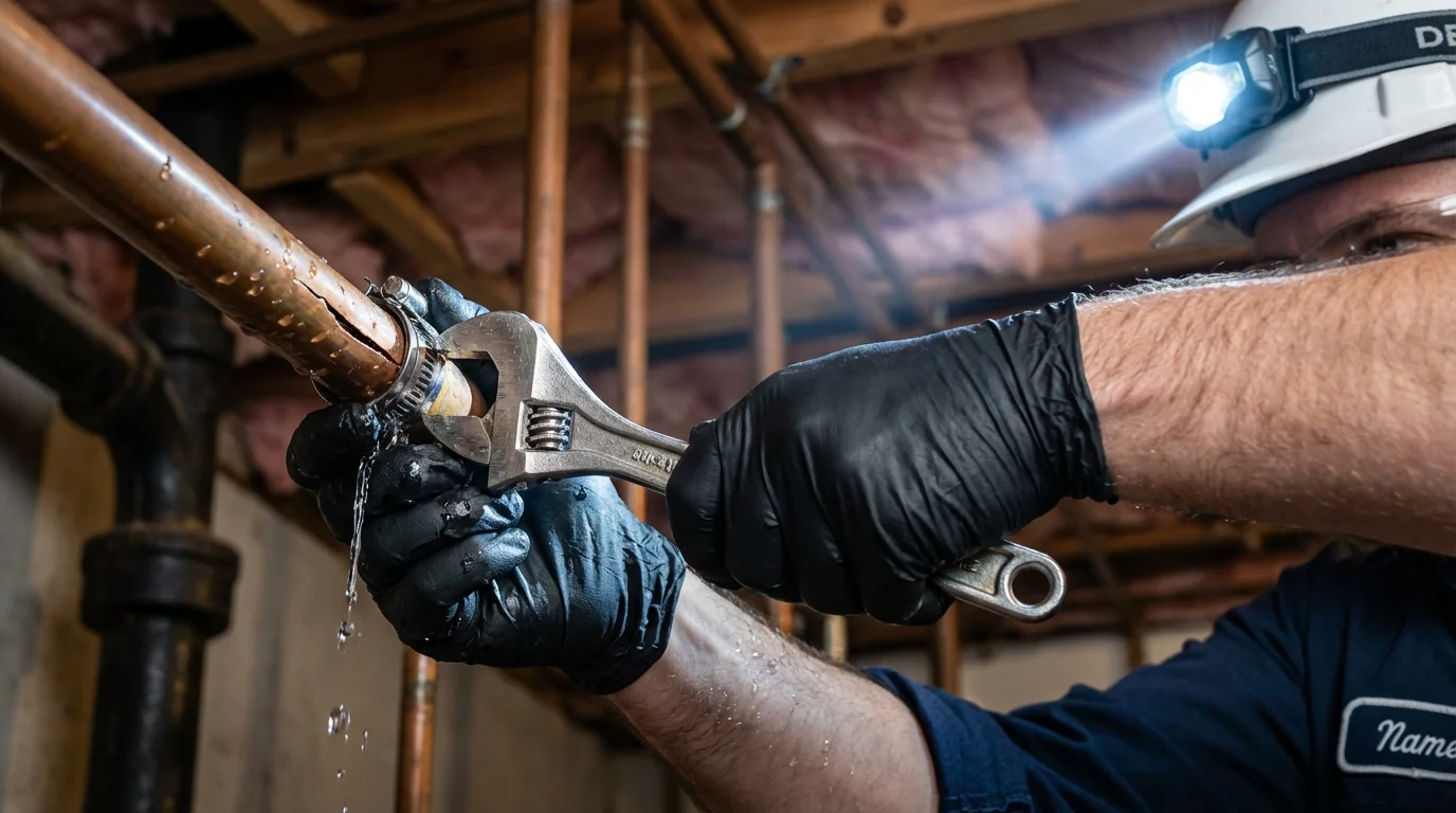 Emergency pipe clamp repair being performed by a Johns Plumbing LLC plumber in Greene
