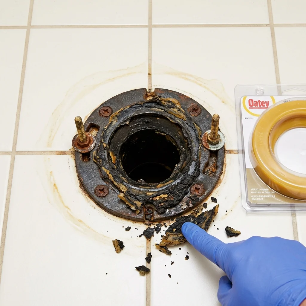 Failed wax ring showing water seepage at the base of a toilet in a Greene, IA home