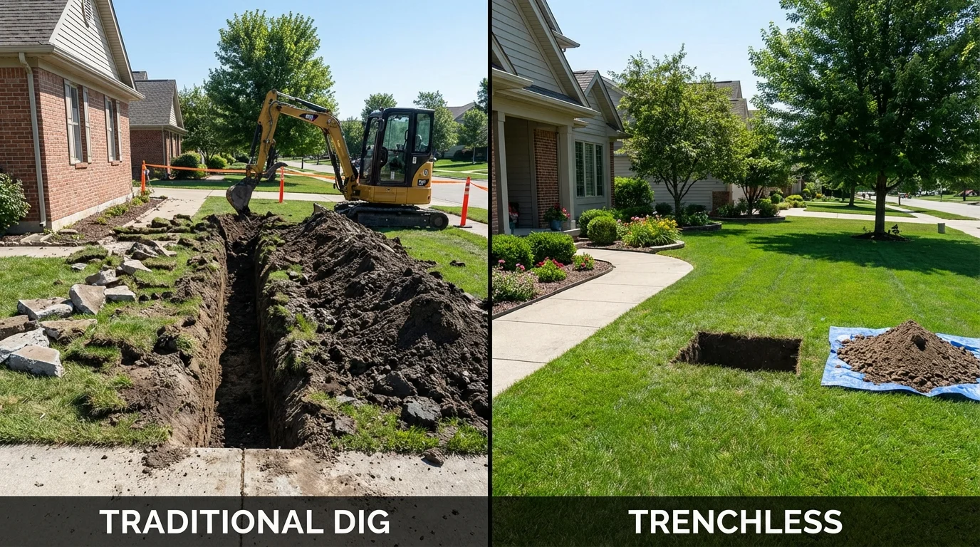 Trenchless sewer repair with minimal yard damage versus traditional excavation in Greene, IA