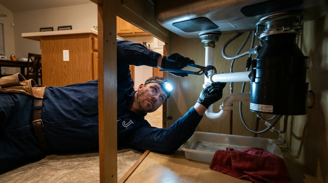 P-trap and supply line connections under a kitchen sink showing a common leak point in Greene, IA